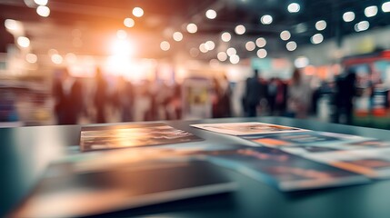 Exhibition's Perspective: Blurred image, leaflets on the desk, attendees mingling in the background, a captivating image of an exhibition. Capturing the dynamic energy and interaction of the event.