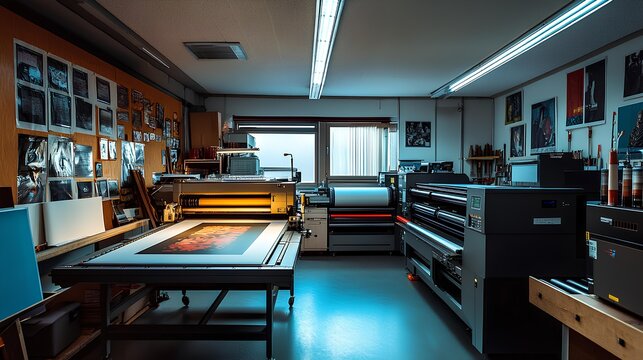 Printing Workshop: A modern printing workshop, showcasing a wide array of high-tech printers, work areas, and organized workflow, ideal for professional projects.