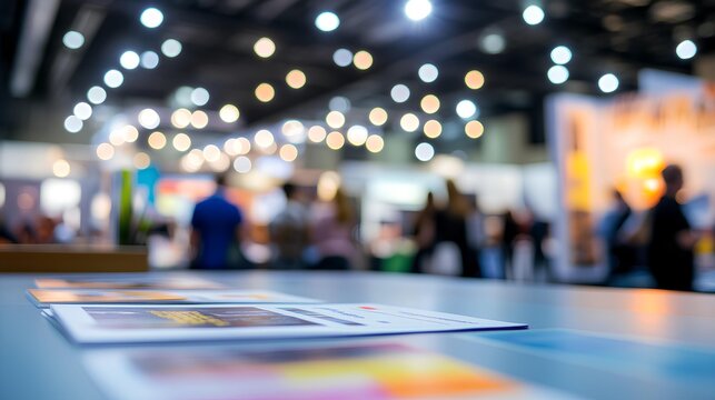 Brochures at Exhibition: A vibrant photograph captures a trade show setting with an out-of-focus background.