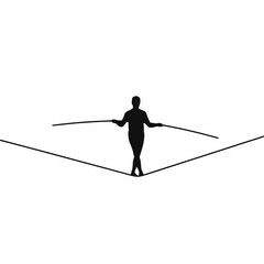 Minimal vector of a man walking across a tightrope with balance pole, solid black on white, symbol of risk management