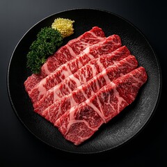 Top view Korean beef steak on plate isolated black background