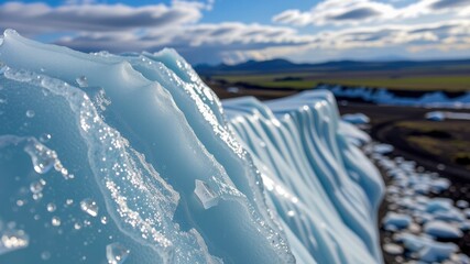 Stunning iceberg field in distance glistens under sunlight, showcasing beauty of nature icy formations and vast landscapes