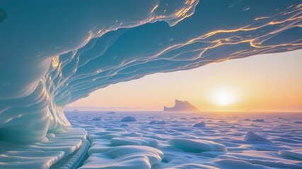 Stunning iceberg field in distance glows under soft light of dawn, creating serene and magical atmosphere in icy landscape