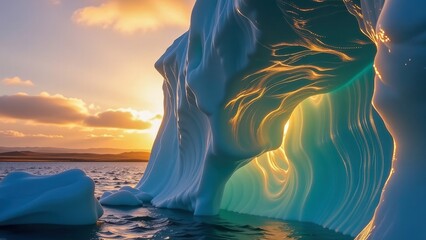 Stunning iceberg field in distance reflects warm glow of sunset, creating mesmerizing scene of nature beauty and tranquility