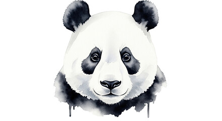 A watercolor style illustration of a panda bear head against a black background showing its face