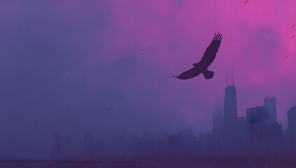 Eagle Soars Above the Dreamy Skyline Cityscape