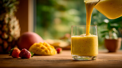 Pouring fruit smoothie in glass with ingredients pineapple, mango, and strawberries.