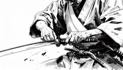 刀を研ぐ職人の真剣な表情の墨絵