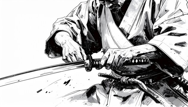 刀を研ぐ職人の真剣な表情の墨絵