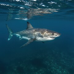 Naklejka premium Close-up of a great white shark underwater, captured in natural habitat, showcasing marine wildlife and ocean predator behavior.