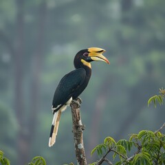 Obraz premium A striking hornbill with a large yellow-orange beak sits on a tree branch, surrounded by lush green forest foliage.