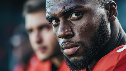 A professional football player standing on the sideline with a determined look,