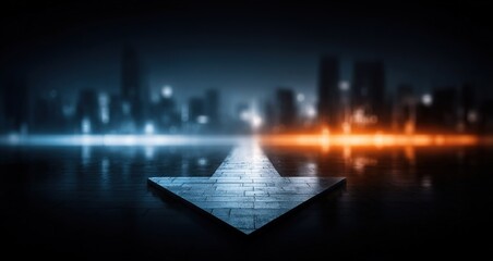 Glowing Right Arrow Over Dark Blue and Orange Cityscape: Futuristic Skyline with Water Reflections for Technology Branding Background