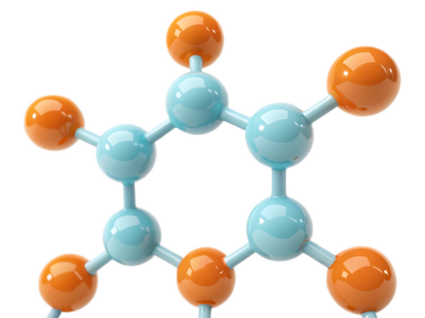 Close up of a molecular model with blue and orange spheres connected by rods on a black background