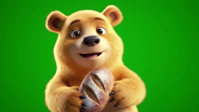 Joyful Golden Bear Embracing a Crusty Loaf of Bread Against a Green Background in Warm Lighting and Detailed Fur Texture