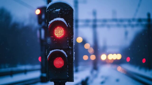 Train signal illuminated red during a snowfall at dusk with blurred lights in the background on a winter evening