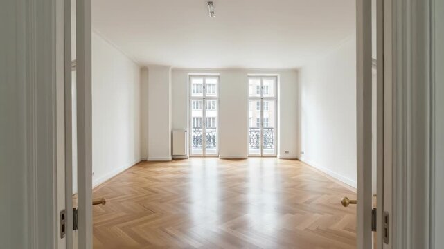 Empty, bright room with parquet floor and two windows with balcony railing