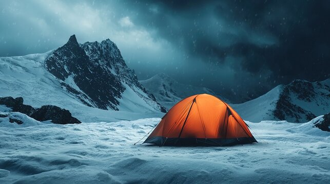 A bright orange tent sits on snowy ground amid dramatic, snow-covered mountains under a dark, cloudy sky.