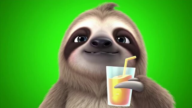 Cartoon Sloth Sipping Orange Juice With Smiling Face on a Green Screen Background
