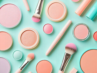 Beauty Products Arrangement on Mint Background for Makeup Lovers