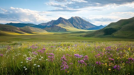 A colorful wildflower meadow with distant green hills and rugged mountains under a partly cloudy sky.