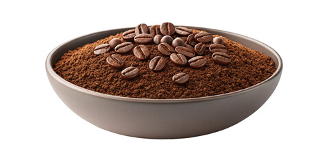Fototapeta premium Ground Coffee and Coffee Beans in Bowl Isolated on Transparent Background Realistic Ground Coffee with Whole Beans in Wooden Bowl on Clear PNG Background