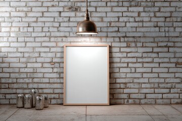 Blank framed canvas rests against brick wall, illuminated by a hanging light