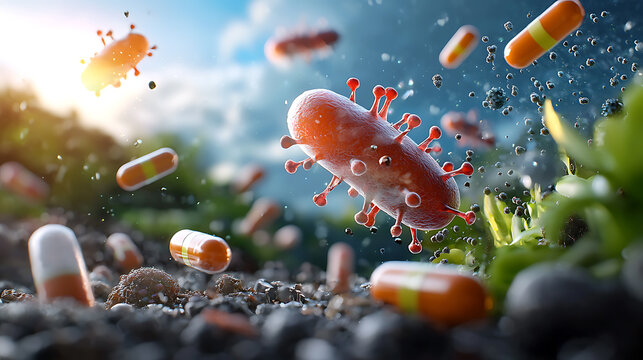 Bacterial interaction with antibiotics natural environment digital art macro view microbial resistance concepts