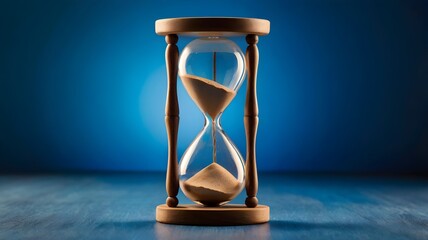 Classic Wooden Hourglass with Flowing Sand on Blue Background