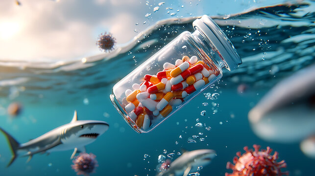 Underwater scene pills vs. Sharks ocean depths digital art stressful environment unique perspective