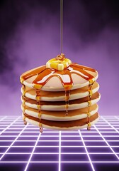 Stacked pancakes with butter and syrup breakfast food