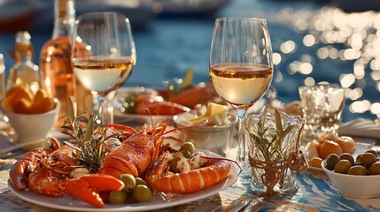 Seafood Dinner with White Wine by the Ocean at Sunset