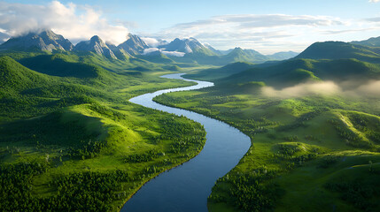 Scenic river curving through lush mountains nature landscape photography serene environment aerial view scenic beauty