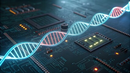 Neon DNA helix strands glowing over circuit‑grid macro texture