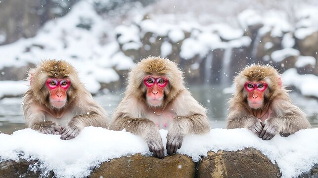 Three Japanese macaques with red faces sit in the snow by a hot spring, surrounded by a wintry landscape. - Powered by Adobe
