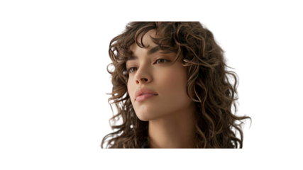 Pensive Young Woman with Curly Brown Hair, Close-Up Portrait