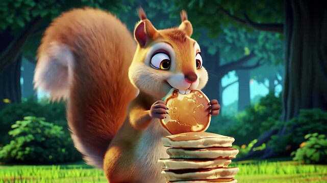 Cheerful Squirrel Character with Stack of Pancakes in Sunny Forest Setting Lush Greenery and Trees Creates Whimsical Scene with Animated Charm and Delightful Visuals