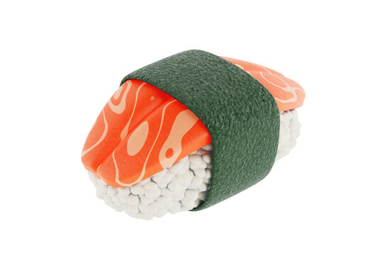 Delicious Japanese Cuisine Concept. Closeup Of Salmon Nigiri Sushi Icon With Seaweed. 3d Rendering