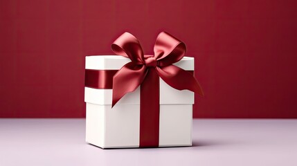 A white gift box with a red ribbon and bow on a light purple surface against a red background
