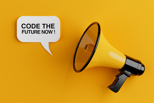 Call To Action For Digital Innovation And Tech Development. Yellow Megaphone With Speech Bubble Promoting Coding And Future Technologies. 3d Rendering