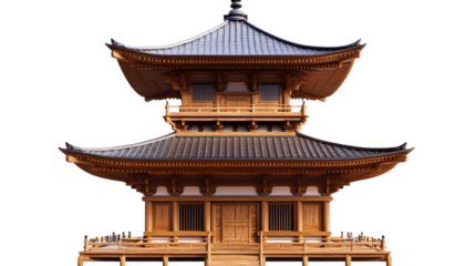 A traditional wooden Japanese pagoda with intricate architectural details isolated on white background
