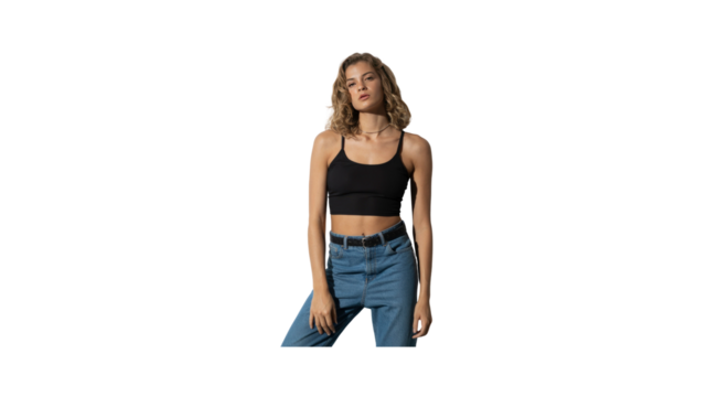Confident Young Woman in Black Crop Top and Blue Jeans