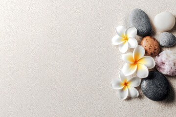 Plumeria flowers and various smooth stones are arranged on a textured light tan surface