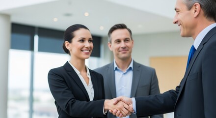 Business handshake, three people, smiling, modern office setting.