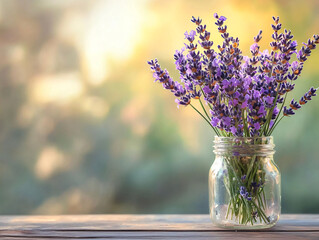 Fresh Lavender Bouquet in Clear Jar with Soft Focus Background