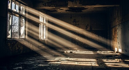 Abandoned Room with Sunlight Beams Through Broken Windows