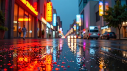 Obraz premium Vibrant city vibes in art form reflect on wet streets illuminated by neon lights creating captivating urban atmosphere