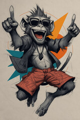 Cartoon monkey with sunglasses pointing upwards in a joyful celebration