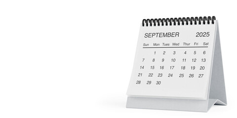White Desk Monthly September 2025 Business Calendar. 3d Rendering