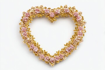 Obraz premium Beaded heart ornament with pink roses on white background, delicate & sparkly
